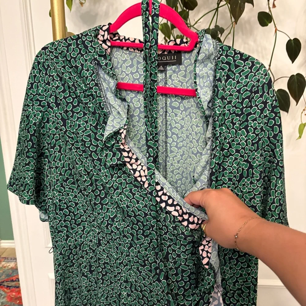 Eloquii Green and Pale Pink Ruffle Wrap Dress - Picture 2 of 5